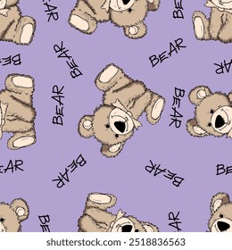 seamless furry bear pattern lilac background