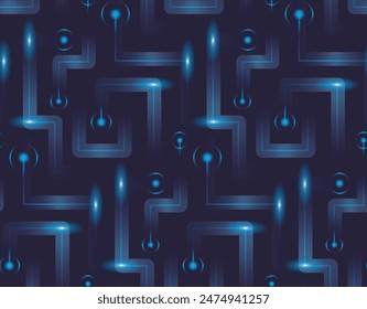 Seamless futuristic adstract pattern, digital vector background in hi-tech style, dark. Microcircuit on a dark background glows with glowing bulbs.