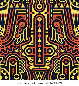 Seamless Futuristic Modern Art Pattern in Techno Style. Background with Geometrical Shapes. Orange and Yellow Circles and Stripes on Black. Vector illustration