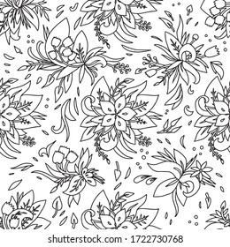 Seamless gaarden flowers flower leaves berries curl drop pattern black and white lines  ornament vector wallpaper texture fabric coloring book 