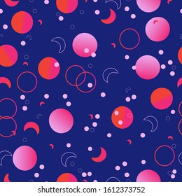 A seamless galactic pattern with pink, orange and red elements on blue background. 