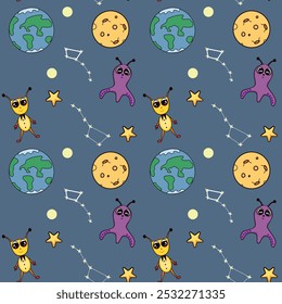 Seamless galaxy childish pattern with funny aliens, constellation of the big and little bears, stars, planets. Monsters in space. For children's textiles, wrapping paper, fabric, nursery, wall, book