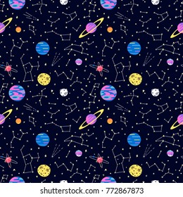 Seamless galaxy pattern with constellations and planets. Cosmic illustration background.