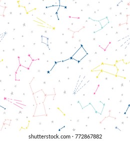 Seamless galaxy pattern with constellations and planets. Cosmic illustration background.