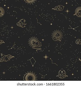 Seamless Galaxy Pattern With Sun, Moon, Clouds, Stars And Constellations. Gold Vector Elements On Black Background. Cosmos Print.