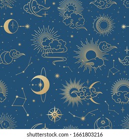 Seamless galaxy pattern with sun, moon, clouds, stars and constellations. Gold vector elements on blue background. Cosmos print.