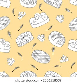 Seamless Galette des Rois pattern on a warm background with wheat elements, crowns and traditional French pastries. Perfect for holiday packaging, textile design and culinary themes.