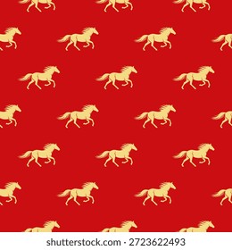 Patrón de caballo galopante sin fisuras sobre fondo rojo. Año Nuevo chino 2026 Zodiac Vector