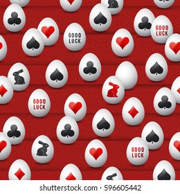 Seamless  gambling background with red and black symbols over easter eggs, vector illustration. Ideal for printing onto fabric and paper or scrap booking.