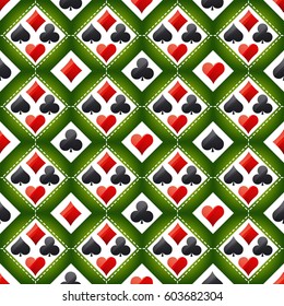 Seamless gambling background with red and black symbols, vector 