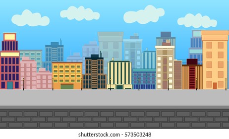 seamless game background of city with skyscrapers and street view, perfect for action, adventure, runner, jumping, arcade and platform games