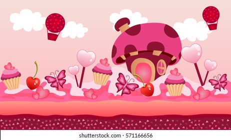 seamless game background for valentine theme with pink candies, trees made with hearts and love balloons, perfect for running jumping and platform and arcade games 