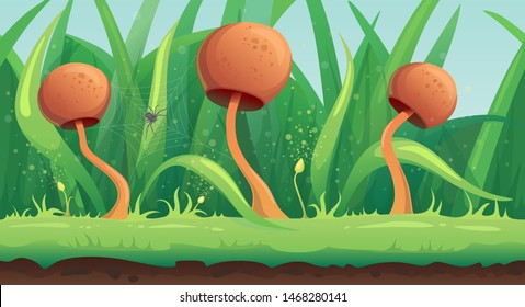 Seamless game cartoon stylized vector illustration with green grass, mushrooms and spider web. Magic macro world.