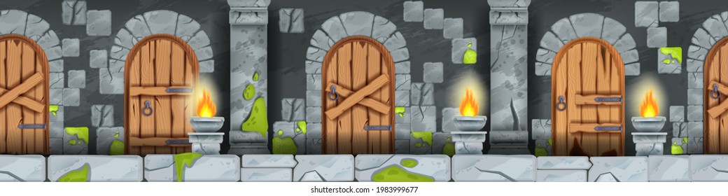 Seamless game castle dungeon background, vector cartoon medieval prison interior, old wooden door. Stone ages ancient palace basement, fantasy level concept. Seamless dungeon, gray pillars, moss, fire