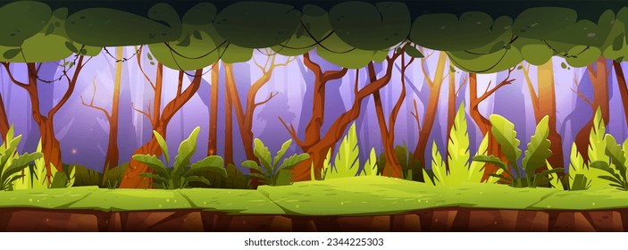 Seamless game forest landscape. Vector cartoon illustration of natural background with green grass on ground, lianas on trees, woodland shadows, fireflies in air. Adventure road for gui level design