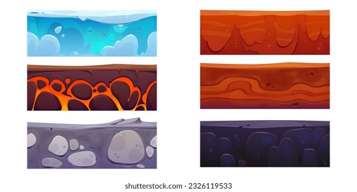 Seamless game ground texture layer cartoon vector. Soil and dirt land ui surface background pattern. Ice and sand geology platform nature formation design for 2d floor interface environment design