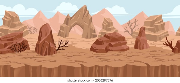 Seamless game landscape background, vector cartoon Sahara Desert panorama view, arch, drought land. Nature dry environment concept, stone rocks, brown boulder. Horizontal game level landscape