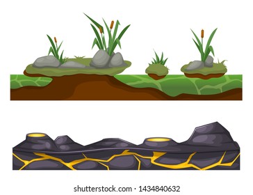 Seamless game landscape scene, terrain gaming interface for 2D games. Stony, rocky surface of the earth with vegetation grass, and lava with hot battering craters. Cartoon vector background