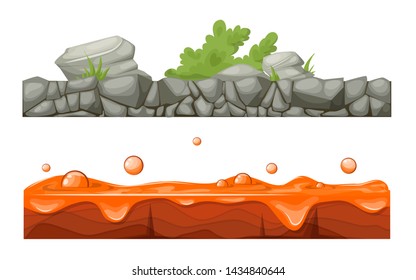 Seamless game landscape scene, terrain gaming interface for 2D games. Stony, rocky surface of the earth with vegetation, and lava with hot battering craters. Cartoon vector background