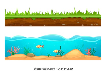 Seamless game landscape scene, terrain gaming interface for 2D games. Ground surface with lawn grass and vegetation. Underwater world with sand, water, seaweed, fish. Cartoon vector background