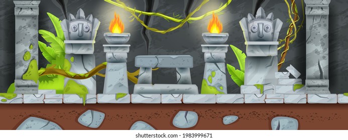 Seamless game landscape, stone ancient temple vector background, cartoon maya jungle ruin. Old Aztec abandoned palace, altar, tiki mask, totem, fire, vine, ground. Dungeon game landscape, level design
