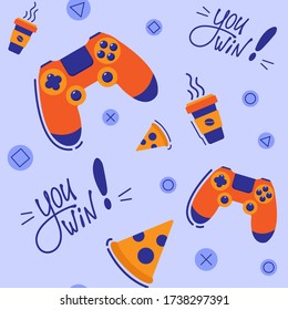 Seamless Game Pattern with Joystick, Pizza, Coffee and Lettering You Win