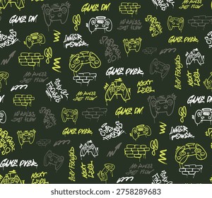 Seamless gamepad pattern graffiti with gaming controllers, phrases Game on, Game over, No rules just fun, Next level, Inner power. Street art design for sport textile, wrapping paper