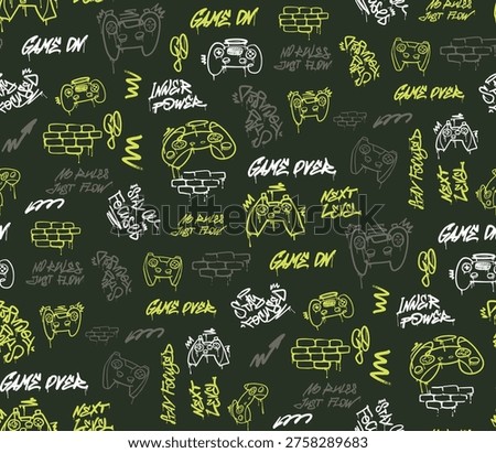 Seamless gamepad pattern graffiti with gaming controllers, phrases Game on, Game over, No rules just fun, Next level, Inner power. Street art design for sport textile, wrapping paper