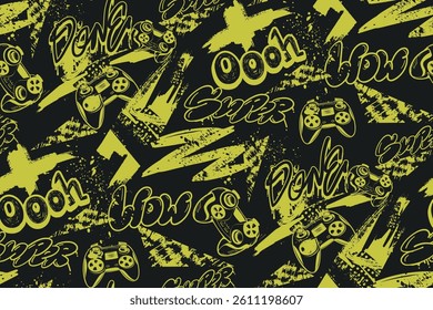 Seamless gamepad pattern with grunge texture, bold yellow and black colors, and graffiti-style text. Ideal for sporty T-shirts and hoodies, capturing gaming energy and urban streetwear style.
