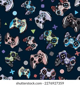 Seamless gamepads pattern. Game pads repeat print on green endless background. Gaming repeated wallpaper for boys and girls clothes, sport textile. 