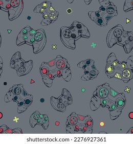 Seamless gamepads pattern. Game pads repeat print on green endless background. Gaming repeated wallpaper for boys and girls clothes, sport textile. 