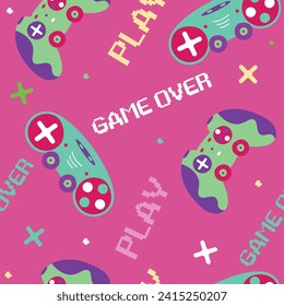 Seamless gamepads pattern. Game pads repeat print on a pink background. Digital Text Game over, Play. Gaming repeated wallpaper for clothes.Y2k Background.Game pattern.
