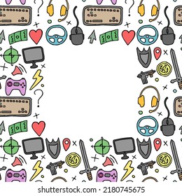 Seamless gaming background with place for text. seamless pattern with doodle gaming icons. gaming vector icons