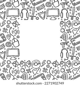 Seamless gaming frame. Background with gamepad,monitor, keyboard, computer mouse, headphones