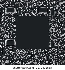 Seamless gaming frame. Background with gamepad,monitor, keyboard, computer mouse, headphones