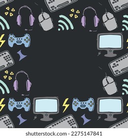 Seamless gaming frame. Background with gamepad,monitor, keyboard, computer mouse, headphones