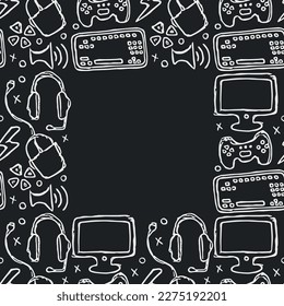 Seamless gaming frame. Background with gamepad,monitor, keyboard, computer mouse, headphones