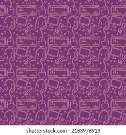 Seamless gaming pattern. Background with gamepad,monitor, keyboard, computer mouse, headphones