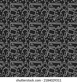 Seamless gaming pattern. Background with gamepad,monitor, keyboard, computer mouse, headphones