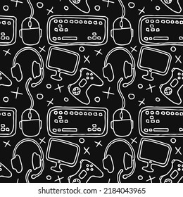 Seamless gaming pattern. Background with gamepad,monitor, keyboard, computer mouse, headphones