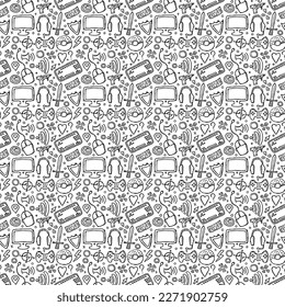 Seamless gaming pattern. Background with gamepad,monitor, keyboard, computer mouse, headphones