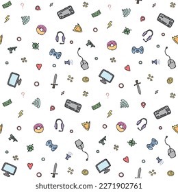 Seamless gaming pattern. Background with gamepad,monitor, keyboard, computer mouse, headphones