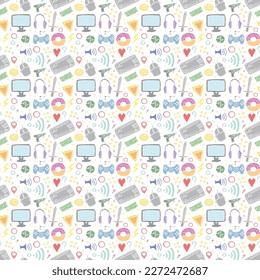 Seamless gaming pattern. Background with gamepad,monitor, keyboard, computer mouse, headphones