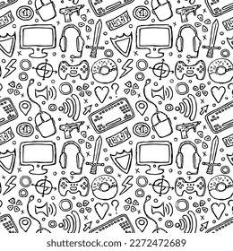 Seamless gaming pattern. Background with gamepad,monitor, keyboard, computer mouse, headphones