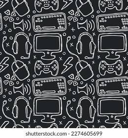 Seamless gaming pattern. Background with gamepad,monitor, keyboard, computer mouse, headphones