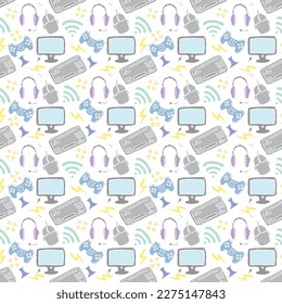 Seamless gaming pattern. Background with gamepad,monitor, keyboard, computer mouse, headphones