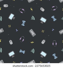 Patrón de juego sin problemas. Fondo con gamepad, monitor, teclado, ratón de ordenador, auriculares