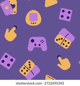 Patrón de juego sin fisuras con controladores, dados, fichas de dominó e iconos de gestos. Fondo de Vector juguetón colorido para juegos móviles, App, interfaces para niños, Anuncios, Fondos de pantalla y pantallas de interfaz de usuario