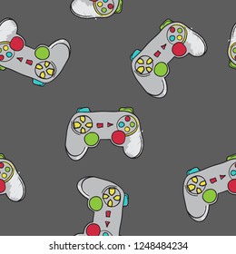 seamless gaming print. Joystick on a gray background. Gamer print for T-shirts, textiles, wrapping paper, web. Original design  for boys and girls