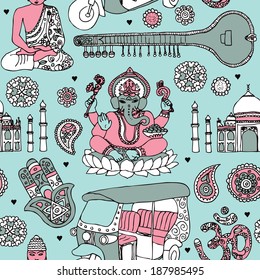 Seamless ganesha sitar buddha and taj mahal travel icons of india illustration background pattern in vector